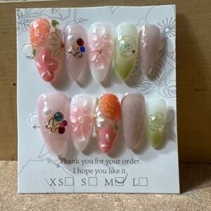 Press On Nails Medium Length Almond Floral Design‎ False Nails